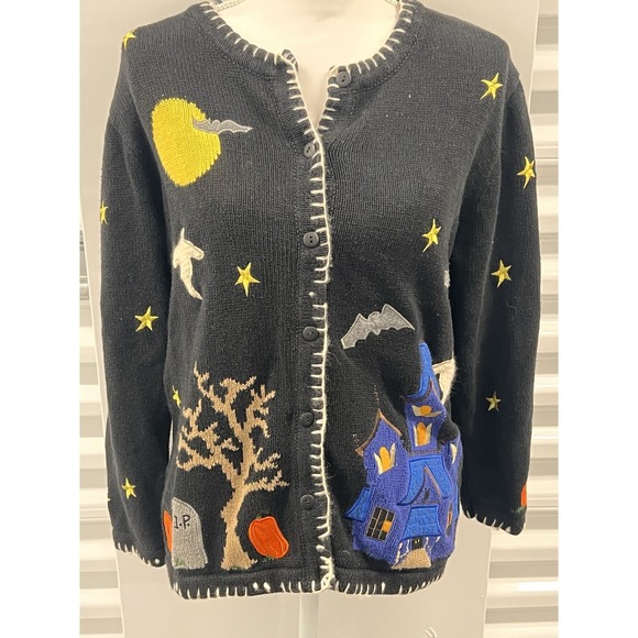 Quacker Factory Sweaters - The Quacker Factory, Women's Halloween Sweater, Knit M Haunted House Cardigan